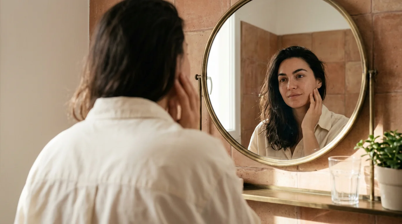 Mujer tocándose el rostro frente al espejo del baño por la mañana