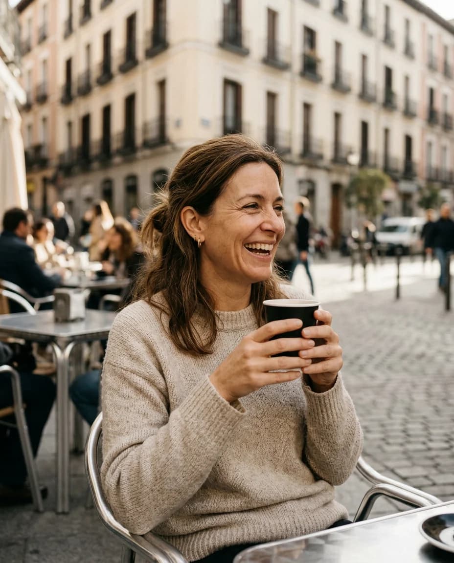 Mujer sonriente disfrutando de un café en una terraza soleada